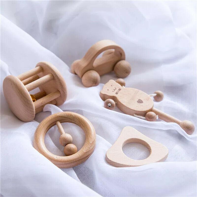 Montessori Newborn Baby Wooden Toys Gift Car Rattle Teether Set Neutral Learning 제품사진 #2
