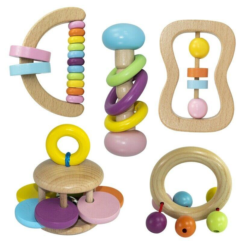 Baby Gift Set Wooden Rattle 5 pcs Montessori Teether Natural Toy Boy Girl Hamper 제품사진 #1