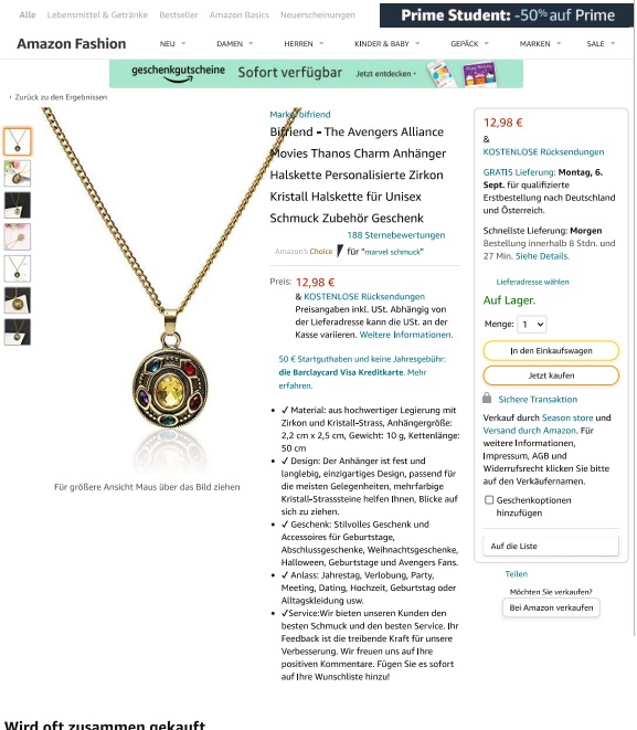Bifriend-The Avengers Alliance Movies Thanos Charm Anhanger Halskette Personalisierte Zirkon Krist 제품사진 #4