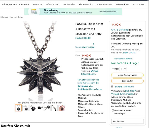 FOONEE The Witcher 3 Halskette mit Medaillon und Kette 제품사진 #1