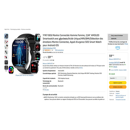 Montre connectee ECG homme femme, 2,04 Amoled smartwatch avec glycemie/acide urique/HRV/BMI 제품사진 #1